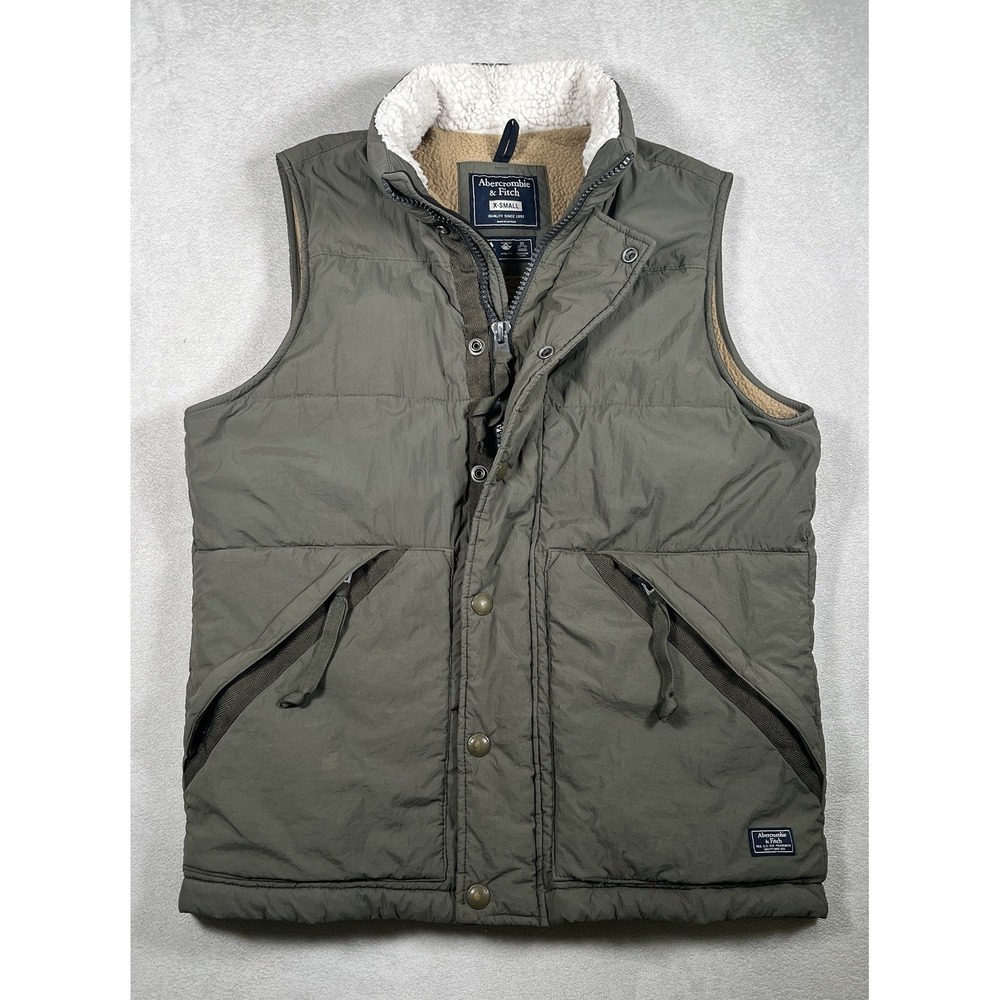 Abercrombie & Fitch Vest Mens XS Olive Green Fleece Lined Puffer Primaloft